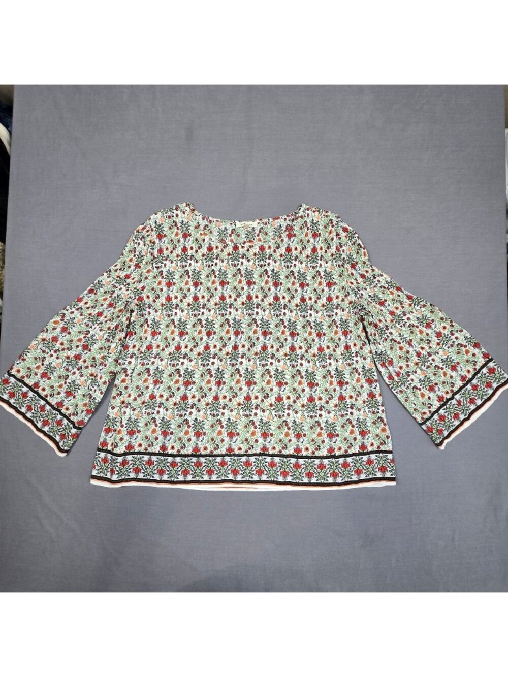 Floral Print Max Studio Blouse L 3/4 Bell Sleeve Lightweight Top Cottage Core